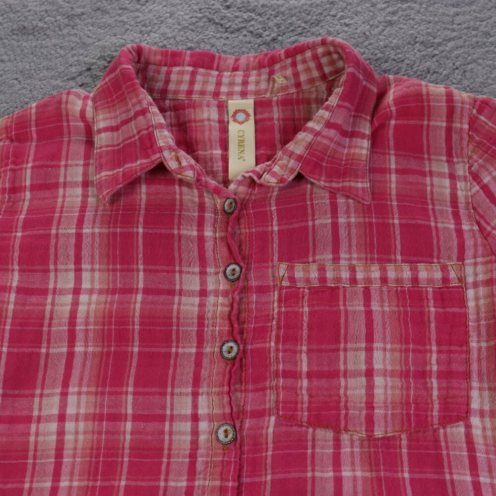 Cyrena Top Womens Small Pink Colorful Plaid Floral Button Long Sleeve Boho - Picture 8 of 8